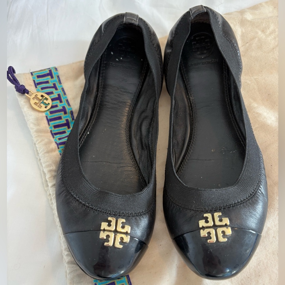 Tory Burch Black Flats with Gold Accents